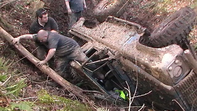 Wilton off road centre pics 11/03/2012 - Page 1 - Off Road - PistonHeads - The image depicts a muddy scene where two individuals appear to be attempting to remove a vehicle from an overturned position. The vehicle is partially covered in mud and seems to be stuck in the ground. This suggests that the vehicle might have been involved in an accident, possibly on a nearby road or trail. The muddy conditions and the difficult placement of the vehicle indicate a challenging rescue operation.