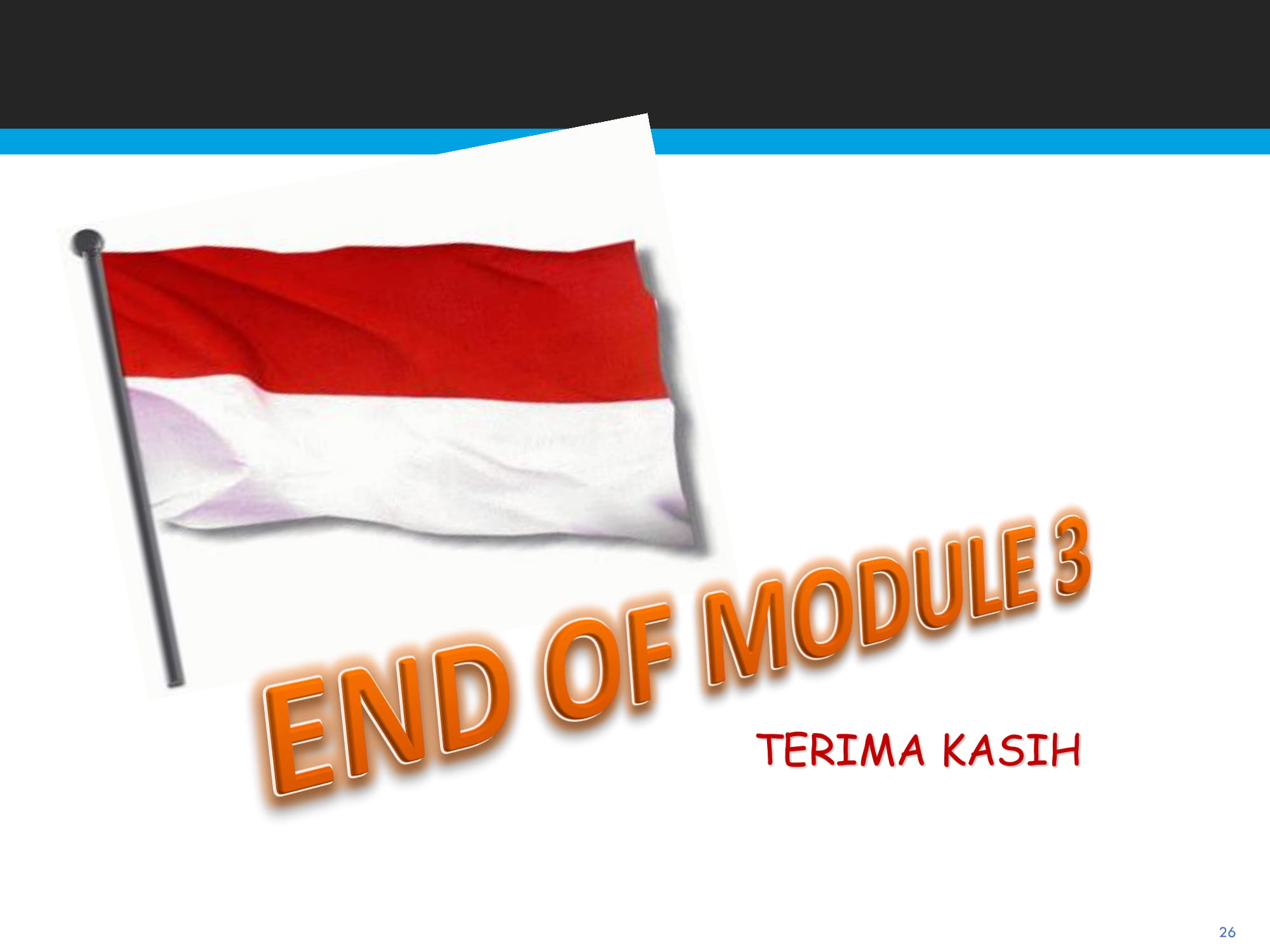 A person holding a kite in the air - The image features an Indonesian flag prominently in the center, symbolizing Indonesian pride or themes. To the right of the flag, there is a text that reads "END OF MODULE 3" in bold, serif font, indicating that this might be an educational or academic slide. Below this central text, in a smaller, sans-serif font, is the name "Terima Kasih." This phrase translates to "Thank you" in Indonesian and is usually used to express appreciation for someone's help or participation. The background of the image is plain white, and the overall layout appears to be simple and functional, likely used in a presentation or educational setting.