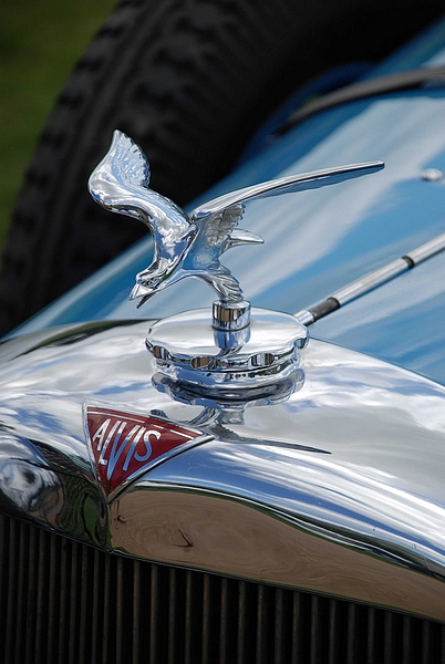 GRRC Lunch Club - Page 1 - Goodwood Events - PistonHeads - This image features a close-up view of a car's chrome ornament. Prominently displayed is a silver eagle, an emblem characteristic of American luxury cars, with its wings spread and facing upwards. The chrome eagle rests atop a circular, fluted pedestal, reflecting its shiny surface. The car's body is rendered in a dark, possibly metallic, color that contrasts with the lighter, reflective nature of the chrome. Behind the car, there is a grassy area and what appears to be another car, adding hints of context but maintaining a focus on the chrome eagle ornament.