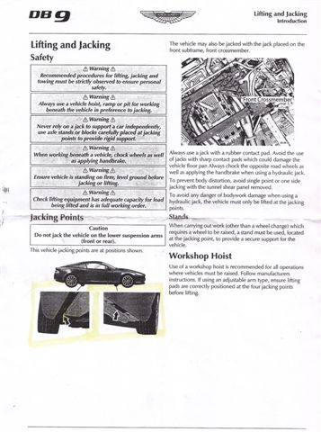 V8 Vantage on Axle stands - Page 2 - Aston Martin - PistonHeads - The image is of a page titled "Lifting and Jacking" from a manual or guidebook. It features text and illustrations related to vehicle safety and procedure. There are sections with instructional advice, including warnings and recommendations, and a subsequent illustration of a car being jacked up using a jack and a rear suspension arm lift.