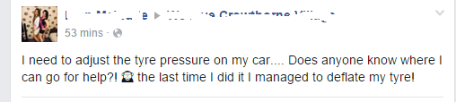 Facebook fails Vol. 2 - Page 41 - The Lounge - PistonHeads - The image is a screenshot from a social media platform featuring a person standing behind a fence. The person appears to be speaking on her phone, as suggested by the emojis overlaid on the image. Below the image, there is text that requests someone to adjust the tire pressure on a car. It mentions a car difficulty and suggests that the text should remain as directed for help and assistance.