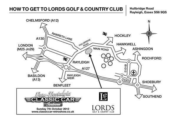 Sundowners Classic Car Show Lords Golf & Country Club 7 OCT - Page 1 - Kent & Essex - PistonHeads - The image is a black and white map of the "Lords Golf & Country Club," located in Chelmsford, Essex, UK. The map provides a bird's eye view of the golf course, featuring the main roads leading to the club. Major directions and points of interest are covered, such as the main entrance of the course, main roads and parking areas, as well as club buildings and green areas. It also includes instructions on how to get to the club, provided in text form. The map is likely for informational purposes, helping golfers and visitors find their way around the club and nearby locations.