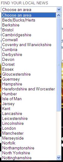 Dont Existence Pistonheads Cheshire Beeb Acknowledge - This image displays a computer screen with a dialog box. The top of the dialog box shows the text "FIND YOUR LOCAL NEWS" followed by a dropdown title "Choose an area". Below that field, there is a list of location suggestions, including various cities and towns. The list spans the screen from left to right and from top to bottom. The style of the image is that of a typical computer application interface from the late 1990s or early 2000s, which is suggested by the design of the dialog box and the mention of "your local news".