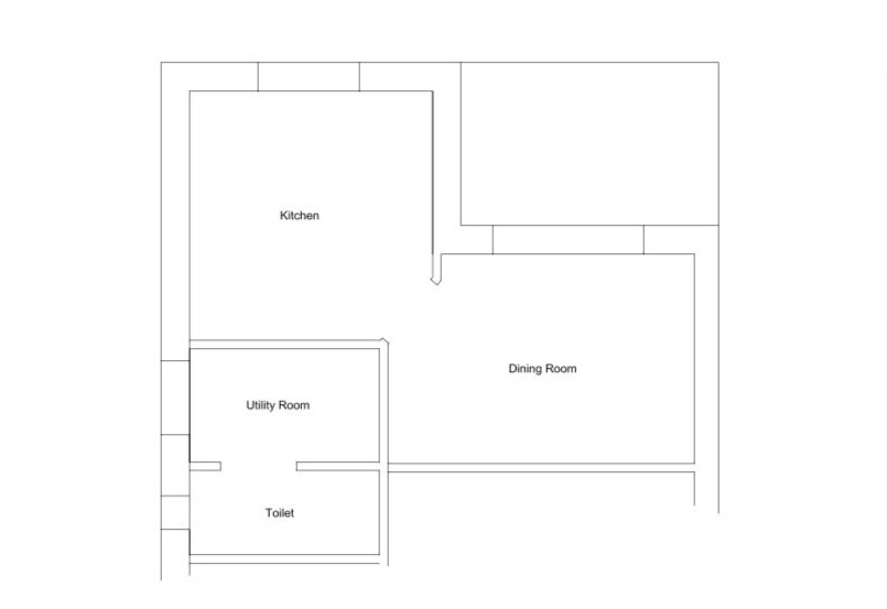 How to go about designing an Open kitchen/dining area. - Page 1 - Homes, Gardens and DIY - PistonHeads - The image displays a top-down blueprint or floor plan of a room that features two primary spaces, each labeled with their intended function. The room has been divided into sections with distinguishing features. The "Kitchen" area includes a "Dining Room" that leads into another area labeled as "Toilet." There are noticeable spaces for furniture and appliances, suggesting a layout designed for functionality and efficient use of space. The blueprint uses lines to represent walls and partitions, providing a clear layout of the room's spatial arrangement.