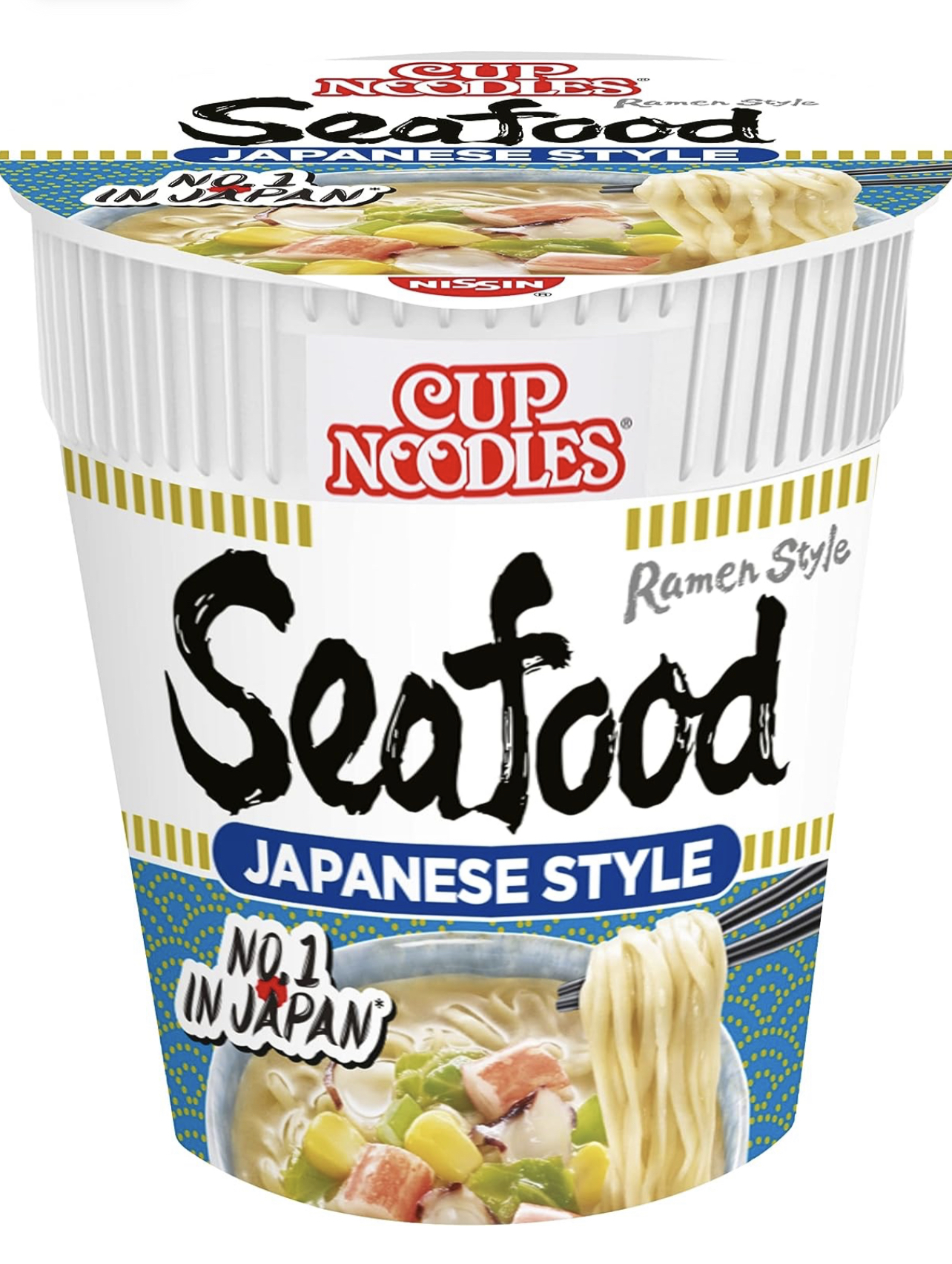 Pistonheads - The image features a cup of instant noodles from the brand Seafood. The packaging is predominantly white with accents of blue and red, highlighting the product's name in bold black text. The cup is adorned with Japanese characters that read "Ramen Style", indicating the flavor of the noodles. Additionally, there are illustrations of a bowl of seafood noodles, reinforcing the product's theme. The cup also displays the flavor "Japanese Style" and the tagline "Noodles". The background is plain white, allowing the focus to remain on the product.