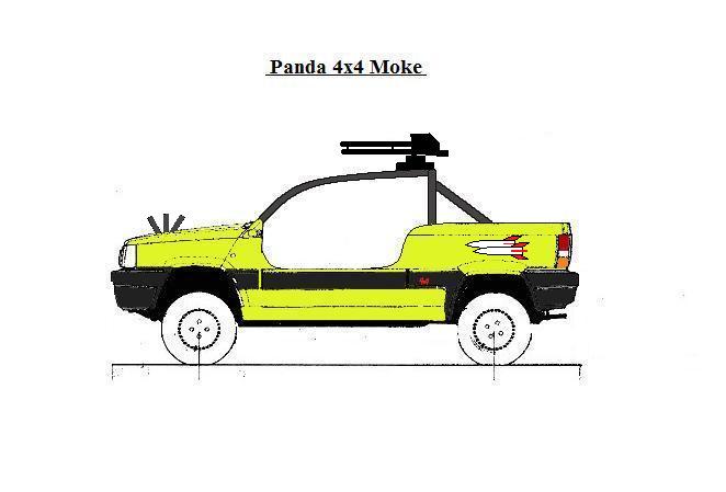 Project Peterborough - Page 6 - Alfa Romeo, Fiat & Lancia - PistonHeads - The image features a stylized illustration of a military-style vehicle, commonly referred to as a Moke, with a yellow body and black stripe. The vehicle has a curved hood, a cargo bed at the back, large off-road tires, and a spare tire mounted on a rack above the cargo bed. It is equipped with large winches on the front and side, and the image contains a number of annotations and measurements, indicating that this is a technical or engineering drawing. The vehicle is shown from a perspective slightly angled to the left, and the backdrop is plain white with the title "Panda 4x4 Moke" written at the top.