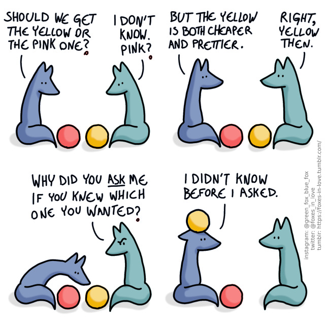 A comic of two foxes, one of whom is blue, the other is green. Here, they are evaluating two balls, one of which is pink, the other is yellow.<br/>
Blue: Should we get the yellow or the pink one?<br/>
Green: I don't know. Pink?</p>

<p>Blue: But the yellow is both cheaper and prettier.<br/>
Green: Right, yellow then.</p>

<p>Blue reaches for the yellow ball, while Green looks puzzled.<br/>
Green: Why did you ASK me if you knew which one you wanted?</p>

<p>Blue is balancing the yellow ball on the top of his head.<br/>
Blue: I didn't know before I asked.