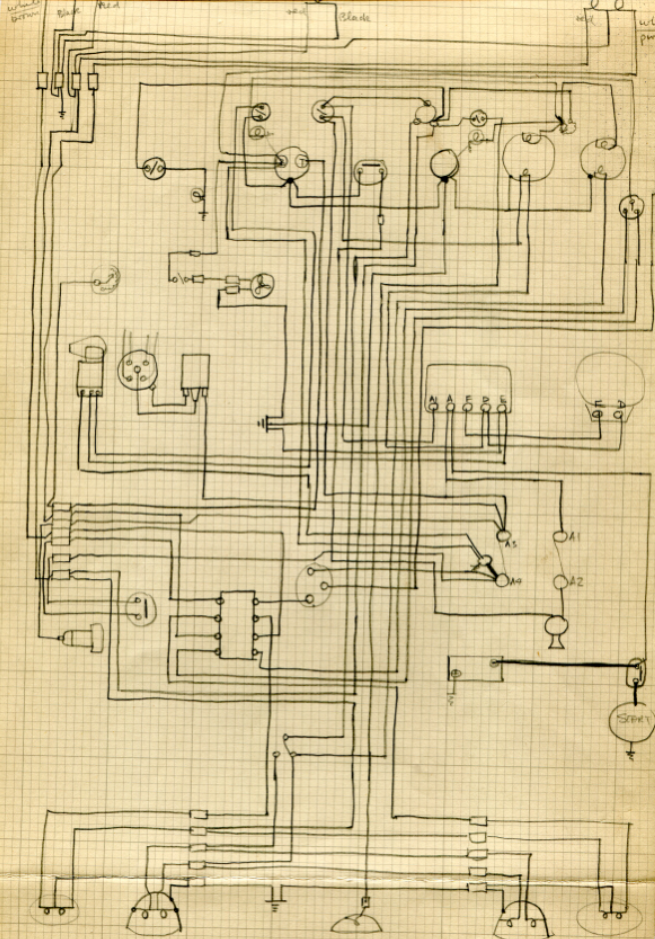 Early TVR Pictures - Page 122 - Classics - PistonHeads - The image is of a blueprint sketch, featuring a complex network of lines and circles. It appears to be a technical drawing or schematic, likely a plan for some kind of mechanical or electronic system. The various elements are interconnected with lines, suggesting the flow of electricity or another similar mechanism. The drawing is densely packed, indicating a high level of detail, and includes annotations and labels, likely providing a guide or plan for assembly or installation. The style of the drawing is reminiscent of traditional technical drawings, with precise lines and a monochromatic color scheme.