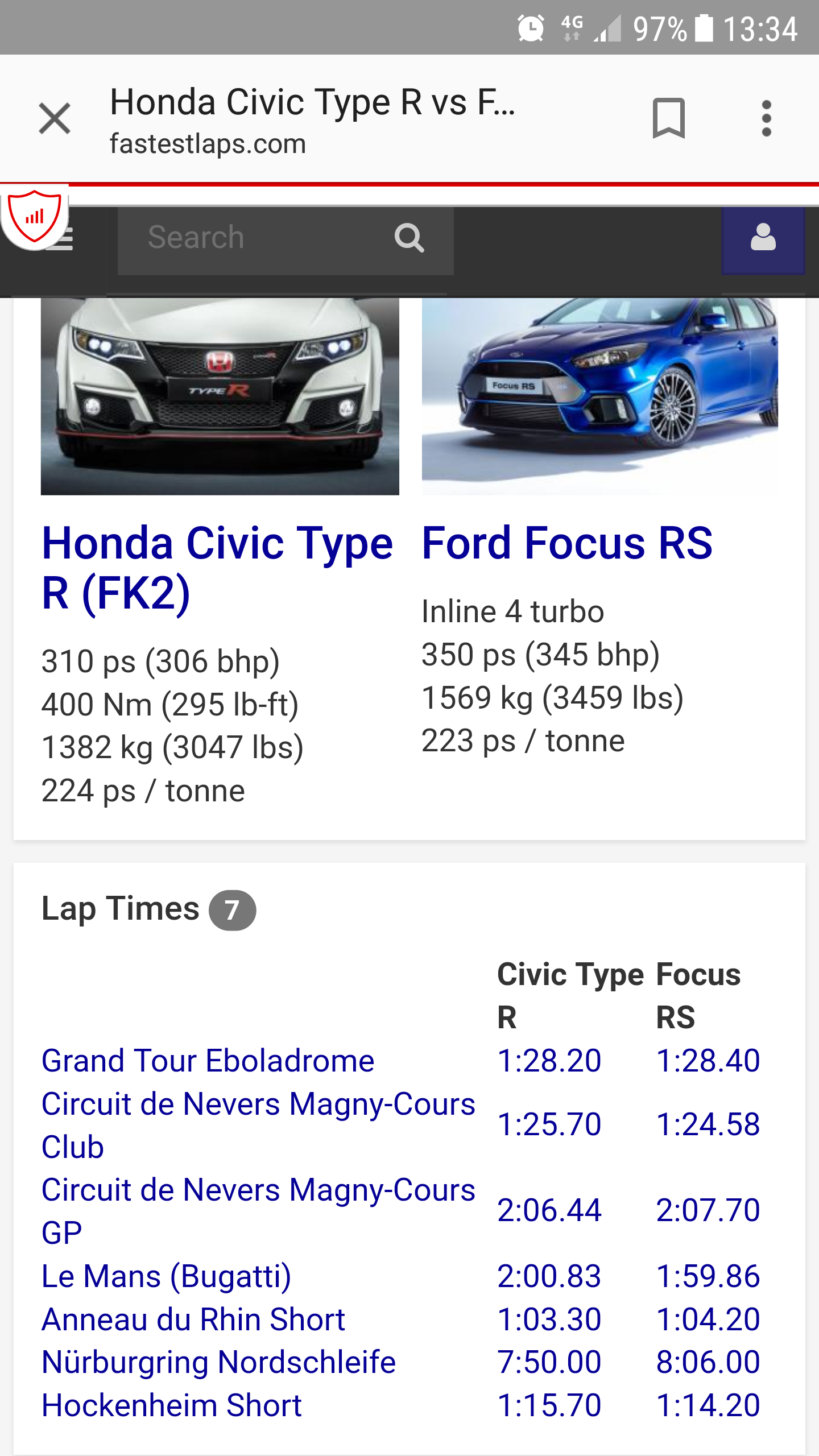 RE: Toyota Yaris GRMN: Driven - Page 5 - General Gassing - PistonHeads - The image is a screen capture from a web page showcasing a comparison of the Honda Civic Type R and the Ford Focus RS. Both cars are displayed as a side-by-side comparison with different features highlighted. At the top, there is a tab for "Honda Civic Type R vers." and the brand logo for Honda. The data includes performance metrics such as engine size, horsepower, torque, acceleration, and lap times, as well as the weight and dimensions. The text is predominantly in English, and the layout is informative, with columns headed 'Lap Times', 'Civil Type Focus', and 'RS'.