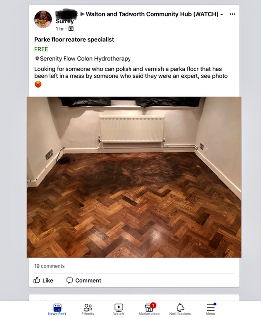 Facebook fails Vol. 2 - Page 117 - The Lounge - PistonHeads - The image displays a screenshot of a Facebook post featuring an advertisement for floor restoration services. At the top, there is a photo of a person with text above it, which appears to be the name of a community or organization. Below this, the main content of the post includes an image of a room in need of repair. The room features dark, worn wooden floors and white walls. To the left of the room's photo, there is a graphic of a wooden plank with a stain or discoloration, suggesting that it might represent the type of floor restoration service provided by the business. 

The post includes text that reads "Parkie - Timber & Tile Restorations Specialists." This indicates that the advertised service specializes in timber and tile floors. The post also contains a call to action, inviting viewers to visit their website for more information. At the bottom of the image, there are likes and shares icons with numbers indicating engagement, which is common in social media posts. The overall style of the image is informative, aiming to attract potential customers by showing the type of floor they can expect to see if they need a restoration service.