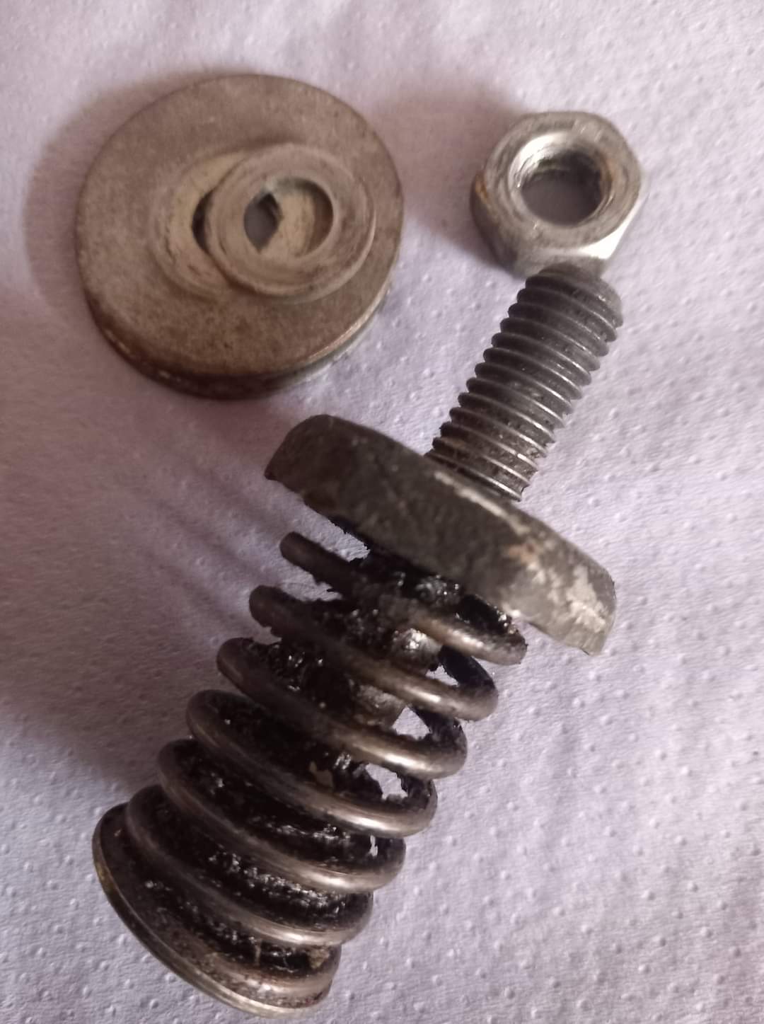 Pistonheads - The image shows a small collection of metal parts laid out on a white surface. There is a screw, a spring, and a nut that appears to be made from metal with threads. These parts are typical of mechanical or electrical systems, suggesting they might have been removed for repair or replacement. The items seem to be in good condition, indicating they could still be functional or useful in some way.