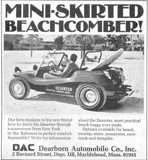 Old car ads from magazines & newspapers - Page 69 - Classic Cars and Yesterday's Heroes - PistonHeads UK - The image is a black and white advertisement featuring an old-fashioned beachcomber car. The text on the ad is "MINI-SKIRT BEACHCOMBER" in bold letters, indicating the model of the vehicle. The car itself has a vintage design with a convertible top, and it's parked on what appears to be a beach or coastal area. The image includes a man sitting inside the car, and there is text at the bottom that reads "Our hero explains how he drove his Desertenter through beach buggy ever made practicalities of snowstorm from New York comfortably." This text suggests that the car's design might have been used for driving on beaches.