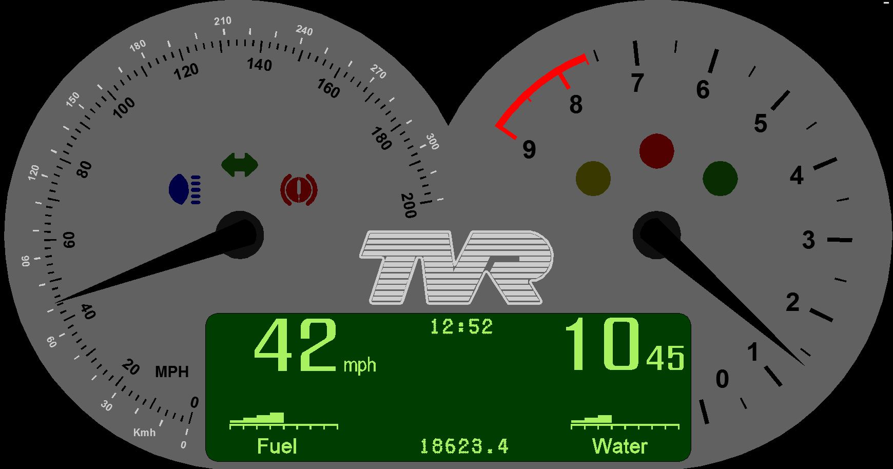 New Dials cover - Anyone interested - Page 1 - Tamora, T350 & Sagaris - PistonHeads - The image is a graphic representation of a dashboard, likely from a vehicle's racing setup. The dashboard shows a speedometer, tachometer, and fuel gauge. The speedometer needle indicates 42 miles per hour. The tachometer needle is not visible in this image. The declining line of the fuel gauge suggests the vehicle is running low on fuel, with a reading of 1862.4 liters. Overall, the image provides a snapshot of a car's performance during racing, highlighting speed, engine revolutions per minute, and the status of the fuel tank.