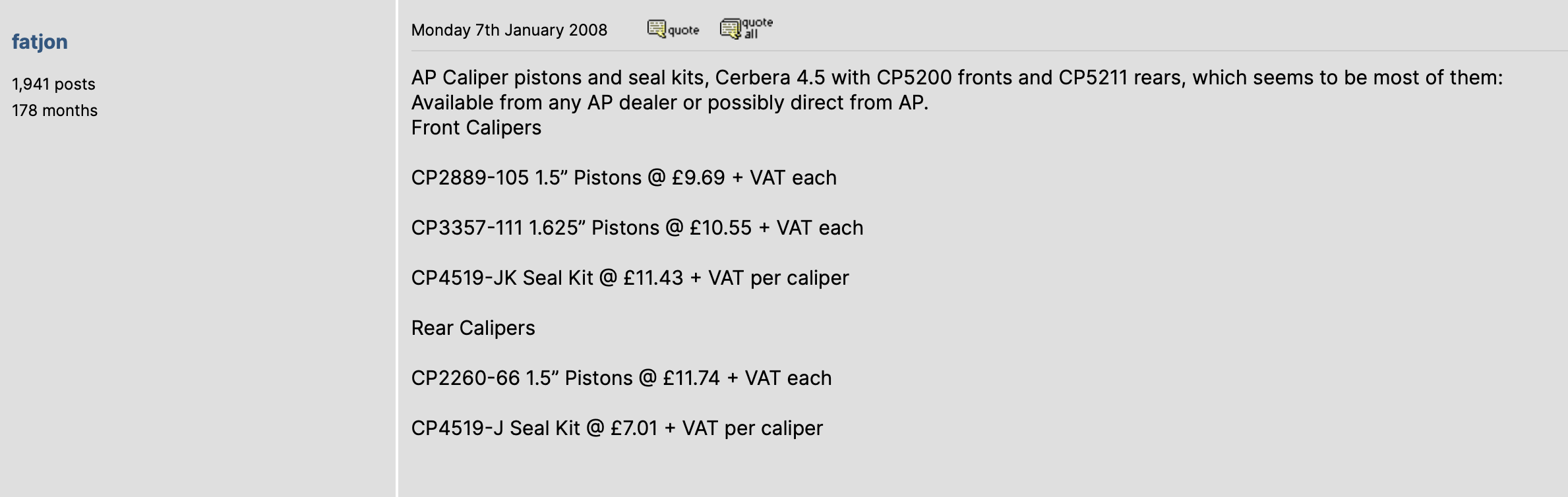 AP Racing (Cerbera 4.2 5200 calipers) part numbers - Page 1 - Cerbera - PistonHeads UK