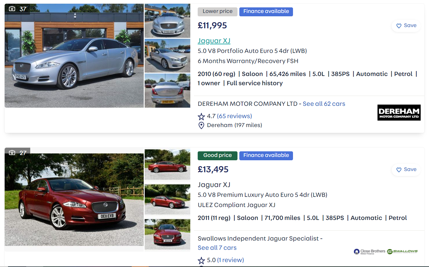 What is good value in the luxobarge market these days? - Page 1 - Car Buying - PistonHeads UK - The image appears to be a screenshot from an online marketplace, possibly for automobiles. It features two sections: one showing the main website interface with search bars and navigation links, and another displaying thumbnail images of cars, presumably from car dealerships or listings. In the upper right corner, there's a text overlay indicating that the image is being viewed by someone named "John Doe." The lower left section shows an advertisement for a car with a price tag and a link to a page on "Dermot Motors Company," suggesting that the car might be available for purchase or rent. The overall style of the image is informational and commercial, showcasing products for potential buyers.