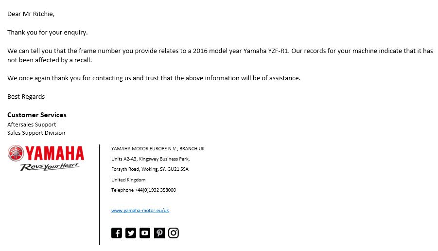 New Ride / Project - 2016 R1 - Page 4 - Biker Banter - PistonHeads - The image displays a formal business communication, possibly an invoice or a receipt. It is addressed to Mr. Richardson and expresses gratitude for "our team handling the excuse times of frames per year YAMAHA Y-11-R/... Drakes model year 2016 MTestra 110." The document includes a reference to a "best question" request, a customer service contact, and provides instruction on how to order additional machine indicators. There's mention of "YAMAHA, a motor Europe specification DR170-P283," and the location given is "Kingsley". The logo "YAMAHA, a Revs Your Heart" is prominently displayed at the top left, suggesting that the company is Yamaha, and their catchy line is used. The central and largest text in the image reads "YAMAHA MOTOR EUROPE NV, Mountain View Business Park, Kingsley, WW1 5ZLA-B73."