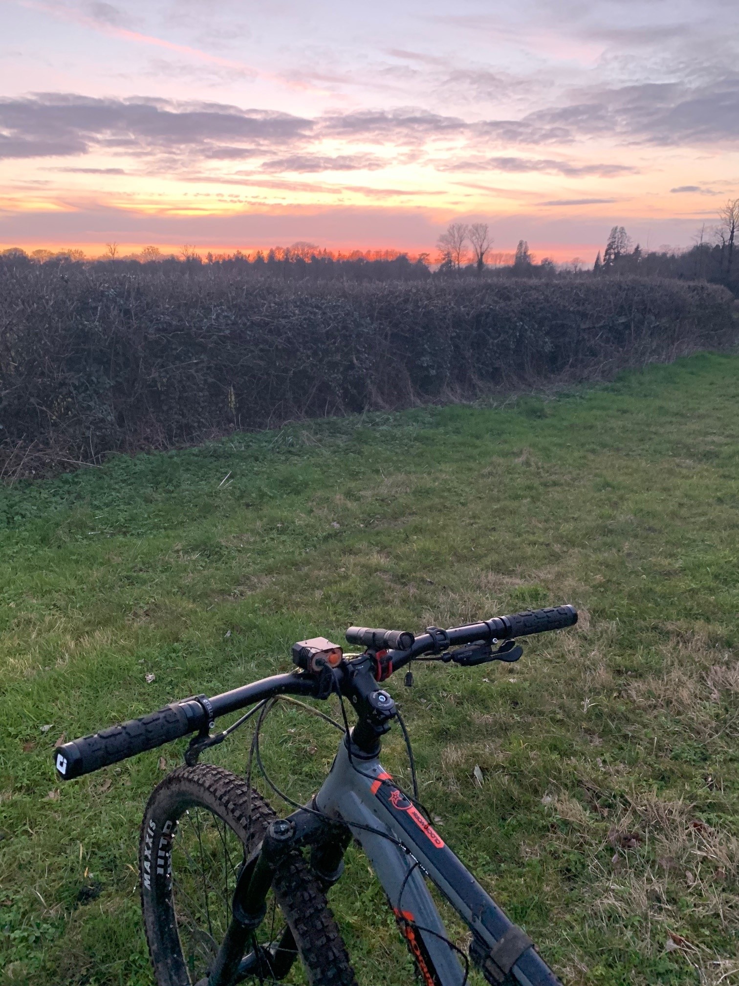 The "Photos From Today's Ride" thread. (Vol. 2) - Page 3 - Pedal Powered - PistonHeads UK - The image presents a tranquil scene at sunset. A field blanketed with snow serves as the backdrop, punctuated by the silhouette of trees on one side and a hedge on the other. In this serene setting, a bicycle is parked in the foreground, leaning against a pole or fence. The bike's black frame contrasts with its white seat, while its red brake adds a pop of color to the otherwise muted palette of the scene.