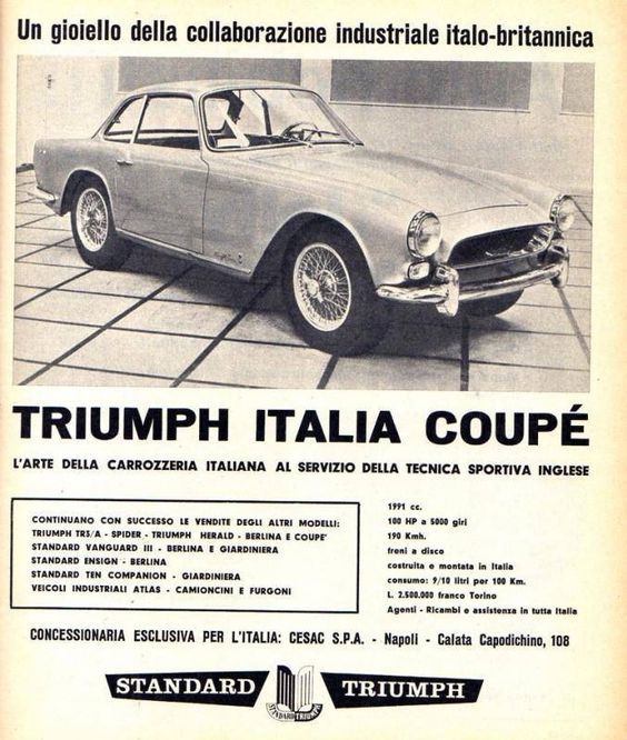 Old car ads from magazines & newspapers - Page 86 - Classic Cars and Yesterday's Heroes - PistonHeads UK - The image is a black and white advertisement featuring an old car, specifically the 1960s Ford Mustang. It's labeled as "Triumph Italia Coupe," indicating that it's from Italy and likely has Italian modifications or features. The text on the poster, which appears to be in Italian, suggests that this model is a special edition of the Mustang for the Italian market. The car is positioned in front of a building with a sign above it, though the details of the location are not provided. The advertisement seems to be promoting the car's unique features or selling points. The style and design elements of the ad, such as the choice of black and white photography, suggest it might be from an earlier era when color photography was less common.