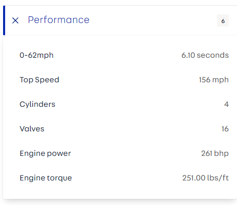 Pistonheads - The image displays a digital dashboard with a variety of data points. At the top, there's a text that reads "Performance" and below it, there are multiple rows of statistics related to vehicle performance. The first row shows "0-62mph" with a value of "5.8s". Adjacent to this is "Top speed", which is marked as "196mph". The following row lists "Engine power", "Torque", and "Vehicles", each followed by numerical values. At the bottom, there are two rows of data; one for "Engine torque" with a value of "250 lb/ft" and another for "Fuel economy" marked as "167 g/km". The dashboard is presented on a computer screen, and there are additional tabs at the top, suggesting that the performance data may be part of a larger system or software.