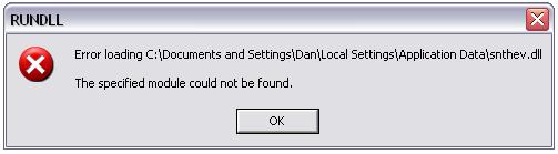 Virus Pistonheads Annoying - The image displays a Windows error message. The message reads "RUNREL.EX has encountered a problem and needs to close. The specified module could not be found." This indicates that an attempt to run the RUNREL.EX application has failed due to a missing module. A red exclamation mark is shown, and there is an 'OK' button. The background of the message appears to be gray, and it seems to be a standard error dialog box.