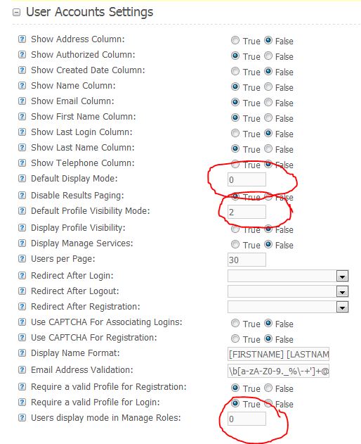 The image displays a screenshot of a settings menu for user accounts. The menu is structured in a tabular format with multiple columns and checkboxes. At the top, there is a header titled "User accounts settings". Below the header, a series of columns and checkboxes are listed, each representing a different account setting option. Some of the options visible include "Show Address Column", "Show Created Date Column", and "Show Telephone Column". There are also fields for entering a false column value. The selection of one or more options is indicated by red circles highlighting the checkboxes. The screenshot has a straightforward layout typically used for administrative or system settings interfaces.