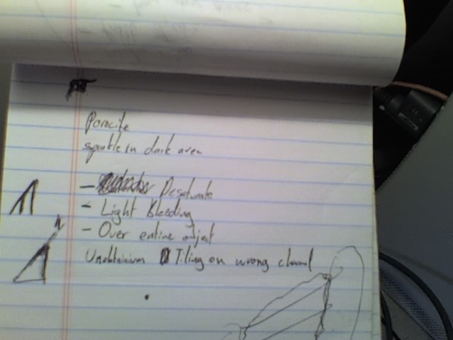 The image shows a notebook filled with handwritten notes, some of which are crossed out, indicating corrections or modifications. The page is turned to a blank area, with the bottom half of the page out of frame. There are several bullet points with lists of terms such as "pancreatitis," "alties," "light bleeding," "over thin," and "Unexplained Obstruction of GIT(Gastrointestinal Tract) w/heavy delay in presenting & w/artery work," suggesting that the notes might be related to medical conditions. The cursive handwriting suggests that the notes were taken during a meeting or a discussion.