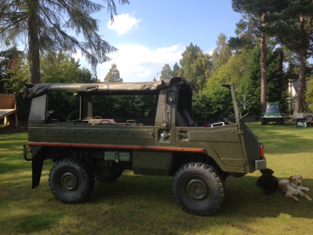 7-seater 4x4...? any recommendations - Page 1 - Scotland - PistonHeads - A vintage military-style jeep is parked on a grassy field, featuring a dark green or olive-drab paint, slatted sides, and a top with a cover. The truck has large black tires and body components that are robustly constructed, typical of military vehicles. Parked under the shade of trees with the hood up, there is a person lounging on the ground nearby, and a dog lying beside the jeep. The backdrop is lush with trees, suggesting a park or wooded area.