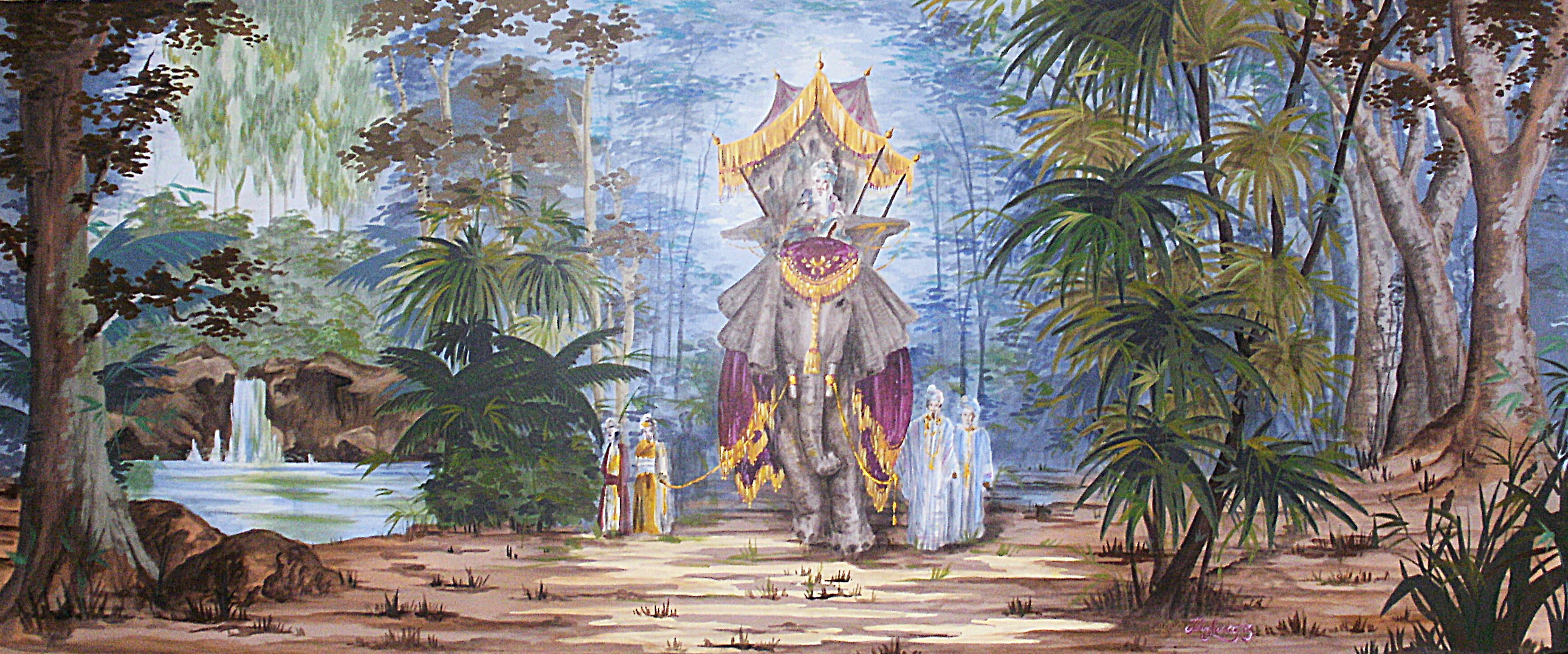 The image depicts an elephant statue on a clear day, surrounded by a tropical setting that includes lush palm trees and a river. In the background, there's a waterfall flowing down the mountain. Two human figures, possibly worshipers or attendants, are dressed in traditional attire and are located near the statue and the river. The sky above the scene is a vibrant mix of blue and green, with clouds scattered across, giving a serene atmosphere to the scene. The art style can be identified as impressionistic, known for its visible brushstrokes and an emphasis on the interplay of light and color.