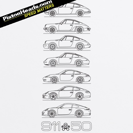 RE: 50 Years of 911 T-Shirts - Page 1 - PH Shop - PistonHeads - This is an image of a series of stylized black and white illustrations of a racing car on a white background, each one neatly aligned above the other. These are presented in a vertical line and vary in the angle and legibility of the wheels and car body. Below the series, the number '91' is prominently displayed, suggesting this is related to the famous Porsche racing car. In the top left corner, there is a banner with the text "PISTONHEADS.COM" and the slogan "SPEED MATTERS," indicating the brand or event associated with the illustrations. The image has a neat and organized aesthetic, with a clear and uncluttered design.