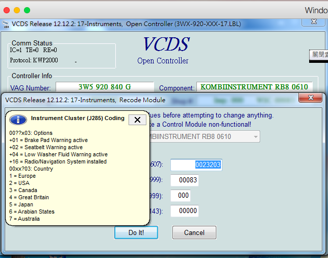 How to enable Bentley seat belt warning chime? - Page 1 - Rolls Royce & Bentley - PistonHeads - This image features a screenshot of a window displaying a VCards catalog with various VCards. The window includes a search bar with the option "Instrument Cluster (J983) Coding." The VCards listed match the vendor, application, and mechanisms. There is a clickable snapshot below the search bar offering a resemblance of a non-functional VCards system descriptor, and some of the listed VCards include options like "Low Washer Fluid Warning active" and "Radio/Navigation system installed." The window also has a menu option to cancel the search.