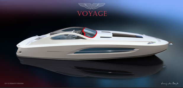 Aston Martin Boat - Page 1 - Aston Martin - PistonHeads - The image showcases a futuristic, white and black speed boat, which is resting on dark, reflective water that seems to be a still surface with a mysterious origin. The boat's design is sleek and aerodynamic, suggesting high speed capabilities. Above the boat, the word "Voyage" is repeated in bold, red letters, which could symbolize the boat's association with travel or exploration. A logo resembling a fhuman head, possibly representing a brand or company, is also visible at the top of the image.