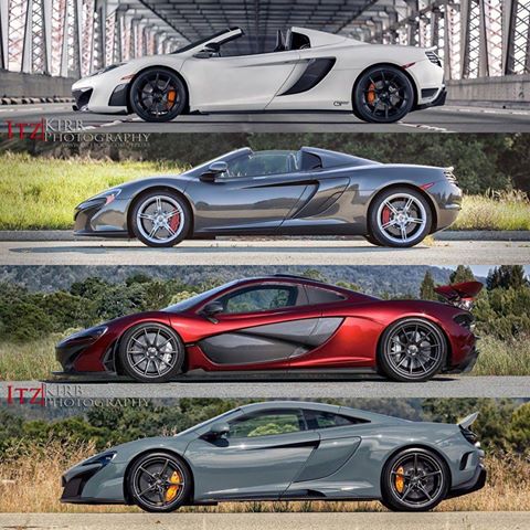 675LT? - Page 8 - McLaren - PistonHeads - The image is a collage showcasing three different sports cars, each with a distinct color and design, captured from different angles. The first car is white and sleek, the second has a silver and black color scheme, and the third is red with a black top. Each car appears to have a convertible top, allowing for open-air driving. The cars are parked on what appears to be a bridge or road overlooking an outdoor area with greenery. The background suggests a sense of motion and freedom, appropriate for the supercar aesthetic. The overall image conveys a sense of luxury, speed, and automotive style.