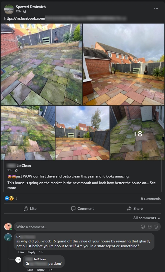 Local Facebook groups. - Page 382 - The Lounge - PistonHeads UK - The image is a screenshot of an Instagram post. It shows a collage of four photos, each depicting different angles and aspects of a house and its surroundings. The house appears to be in a residential area with neatly trimmed lawns and pathways. One photo seems to include a dog, as suggested by the caption. A comment on the post mentions that it was taken during a storm. The post also includes multiple captions, which are visible text elements typically found in social media platforms. There is also a text overlay in the bottom left corner of the image that says "Got to get these tiles back out," which is likely a caption related to the house's condition or an update about the renovation process.