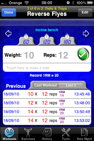 Training Aidapp Pistonheads Fitness - The image is a screenshot of a digital display from a fitness app or device showcasing three different exercise sessions. The sessions display the following information: weight class (10 Reps), resting time (120 sec), and the number of repetitions (12 reps). Each session's information is arranged vertically, with the first session at the top left, the second in the center, and the third on the bottom right. The background is a gradient of blue and purple hues, giving a comprehensive view of the workout data.