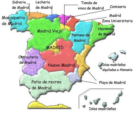 Espormadrid - The image is a colorful, stylized map of Madrid, Spain, featuring various neighborhoods labeled with Spanish terms. The map uses a vibrant palette to differentiate between the districts.