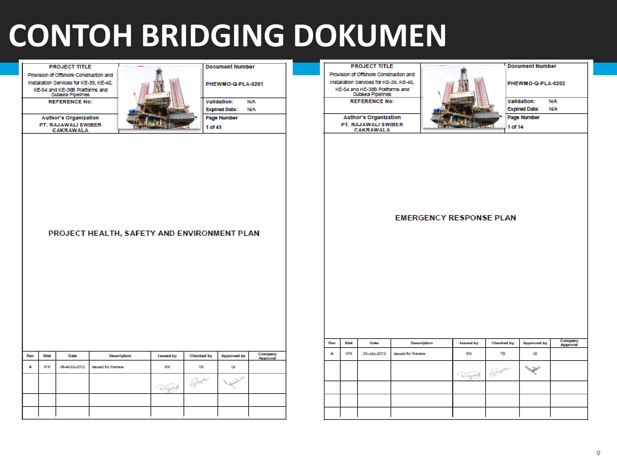 A collage of photos of a person holding a cell phone - The image shows two adjacent pages in a document that appears to be an engineering or implementation plan. The upper page has a title "CONTOH BRIDGING DOCUMEN" and includes project information, phases, milestones, and section titles such as "INTRODUCTION," "INSTALLED SERVICE," "ALTERNATIVE LAYOUT," and "CONSTRUCTION AND INSTALLATION." There's a visual reference to a bridge or structure on the upper right corner.

The lower page is organized with headings like "PROJECT HEALTH, SAFETY AND ENVIRONMENT PLAN" and "EMERGENCY RESPONSE PLAN." The respective sections have subheadings, details, and blank boxes for listing, reviews, approvals, and actions. The continuation page number is mentioned as 254, which corresponds to the layout and numbering of the entire document. The page's purpose is stated as "This is an ECOLOGICAL RESPONSE PLAN that outlines a comprehensive strategy to address potential environmental generators, non-conventional pollutant exposure scenarios, potential receptors and their sensitivity to environmental stressors."