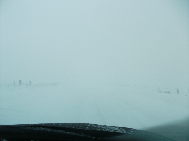 9-3 Aero TTiD - Page 1 - Saab - PistonHeads - The image captures a wintry scene through a car windshield. The windshield offers a view across a road blanketed by a heavy layer of snow. The snow also falls from the sky, creating a blizzard-like condition in an open field. The background is predominantly white, indicating a snowy landscape. Given the weather, the image may have been taken during a snowstorm or extreme winter conditions.