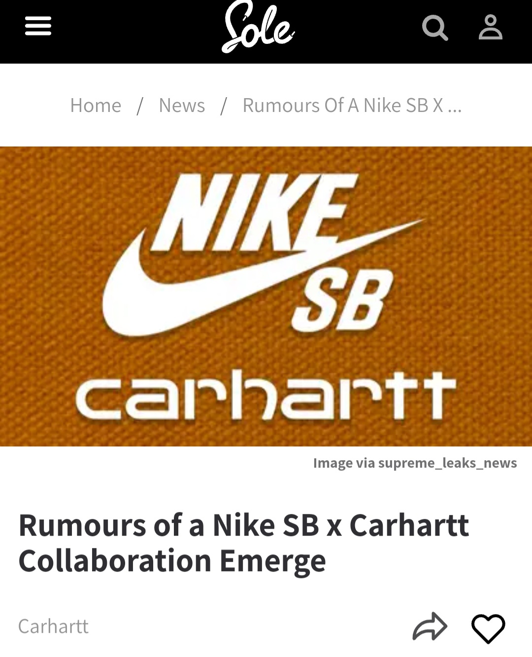 Anyone into trainers/sneakers? (Vol. 3) - Page 308 - The Lounge - PistonHeads UK - The image displays a screenshot of a social media post featuring a photograph. At the center, there's a logo for Nike SB. Above this logo, there's a headline that reads "Nike Sb X Carhartt". In the background, there is an item of clothing with the words "Sole Food" visible on it. The post has been shared by a user whose name appears to be "CARHARTT". There is also a caption in the image which says "Rumours of a Nike Sb X Carhartt collaboration emerge". This text is partially obscured by the logo and clothing item. The style of the image suggests that it's meant to capture attention with its design elements, such as the use of bold colors and the prominence of the logos.