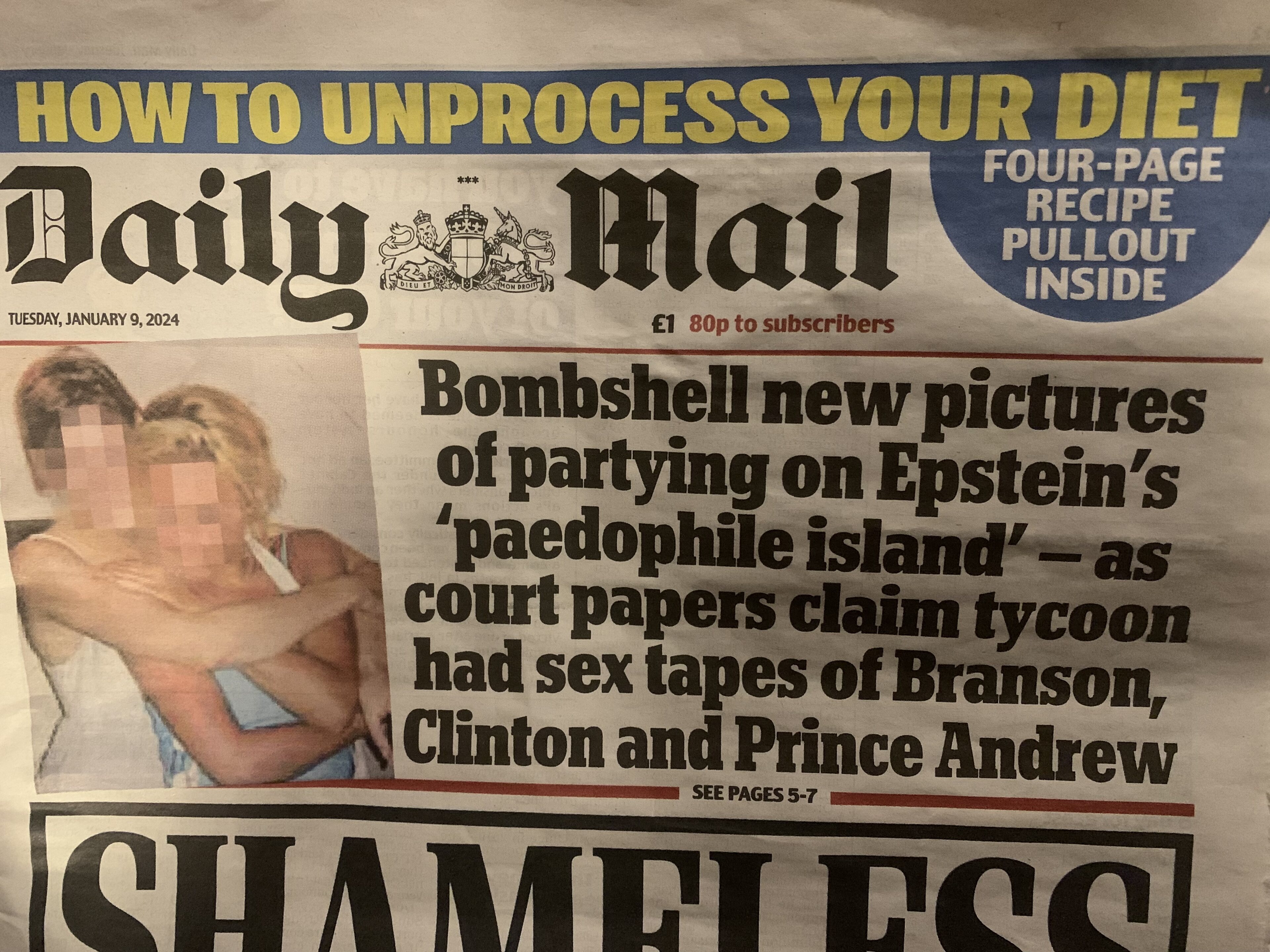 Ghislaine Maxwell trial - Page 54 - News, Politics & Economics - PistonHeads UK - The image shows a page from a newspaper, focusing on the headline. The headline is bold and prominently displayed at the top of the page, with the words "New pictures of Epstein's 'party girl'" indicating that the article discusses new photographs related to Jeffrey Epstein's social life or alleged activities involving underage girls. Below the headline, there's a smaller text providing context on the story, which mentions Epstein's "death island" and his ties to former President Bill Clinton.

The newspaper page is partially visible, showing other stories such as one about unprocessed food in the NHS (National Health Service) and another headline that reads "Bomb shell found at school." These suggest a mix of international and domestic news.

There's a photo of two people embracing on the front page, which appears to be related to the Epstein story, possibly depicting the couple mentioned in one of the articles. The presence of this image indicates that the newspaper is reporting on the aftermath or context of the Epstein story.

The overall layout of the page suggests a professional design with clear headlines and sections for different news stories. The colors used for the text are traditional newspaper colors, which are designed to be eye-catching against the background paper.
