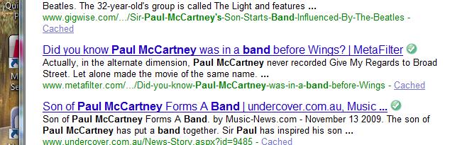 Oh my, I feel old - Page 1 - Music - PistonHeads - The image displays a snippet from a mobile device's browser, showcasing multiplecached search results for the name "Paul McCartney". The text appears in a search engine interface, with green highlights indicating that the results are regarded as relevant. The search terms include "Paul McCartney and features...", "Not all Paul McCartney hits...", and "Did you know... Paul McCartney...", among others. Additionally, there is mention of "Paul McCartney [son], MovieFilter website", and "Paul McCartney fan site".