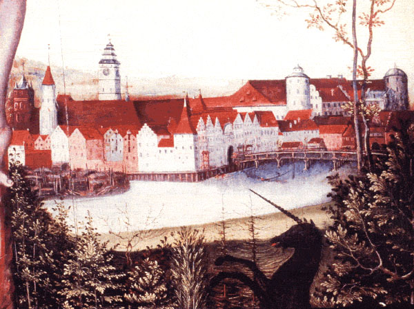 The image depicts a medieval town, bathed in a familiar pastel palette, with architectural structures such as a castle or fort at its edge standing against a serene marshy background. A majestic unicorn is the central point of this tableau, located just above the middle of the painting, its white body contrasting with the rich red and brown tones of its surroundings. The painting seems to blend the magical with the realistic, where fantasy creatures coexist with historical architectures. The overall composition is harmonious and captures the viewer's attention with its blend of realism and surrealism.