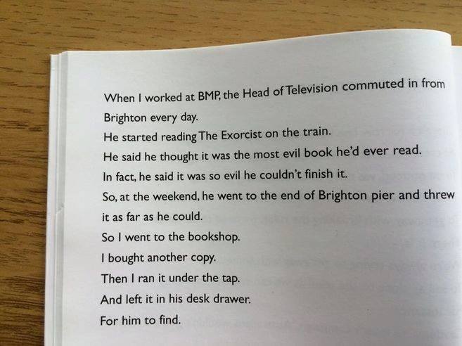 Being bad with a book - Page 1 - Books and Literature - PistonHeads - The image displays a physical page from a book, which appears to be a passage about an eventful day in Brighton, where a boy read a terrifying book. The passage includes details about the boy's startled reaction, his father's stern response, and a humorous conclusion involving a bookshop and a pier. It's a handwritten page with a slightly messy presentation, indicative of personal notes taken from the book.