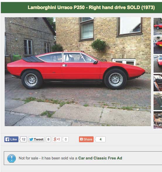 What would you pay for this car? - Page 1 - Lamborghini Classics - PistonHeads - This image shows a bright red Lamborghini Urraco P250, which is a right-hand drive sports car. The vehicle is parked on a driveway next to a large brick building. Above the image, there's a title that reads "Lamborghini Urraco P250 - Right hand drive SOLD (1973)</strip> There are social sharing icons at the bottom, indicating that the image might be part of a web post or online article. The takeaway from the image caption indicates that the car has been sold through a service named "Car and Classic Free Ad". The text suggests that even though the car was sold, the availability of the sale via the platform could be an enticing offer for someone interested in classic cars.