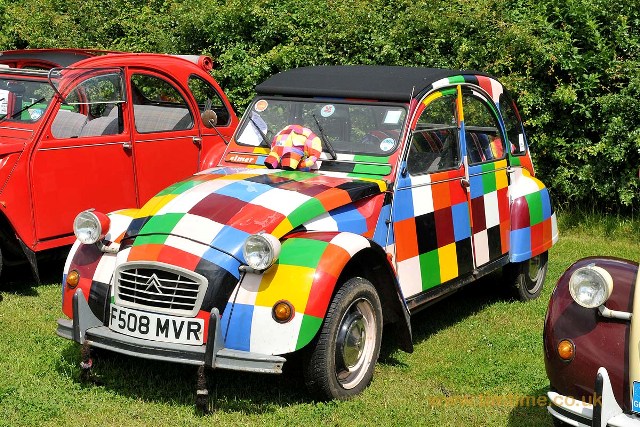 2CVGB Registers Day 2012  - Page 1 - Photography & Video - PistonHeads - This image captures a vibrant scene featuring two classic cars parked on grass. The primary focus is a meticulously painted vintage car, exhibiting an artistic collage of various colors. The car sits to the right of another identical red car, suggesting a coordinated event or display. In the background, a dense hedge adds a sense of depth and canopy, providing a stark contrast to the brightly painted car. The presence of two similar red cars may imply a broader collection or event of classic automobiles.