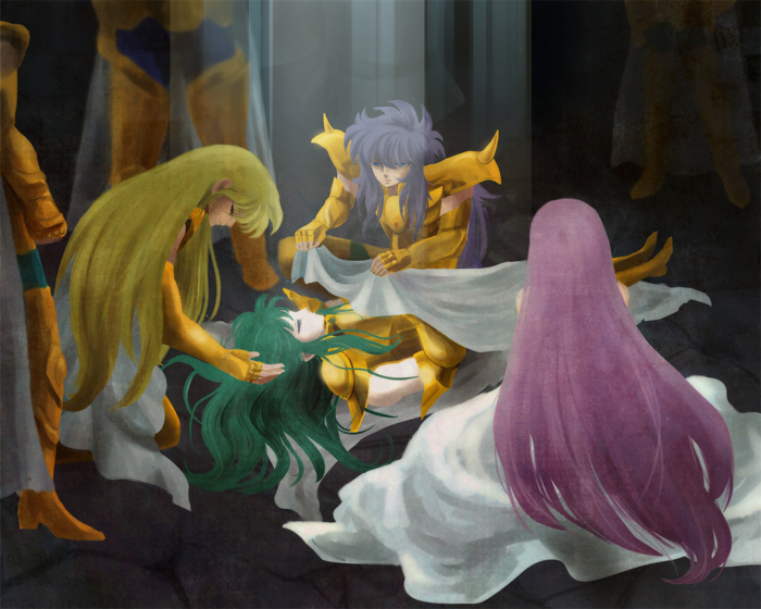 The image depicts a series of animated characters engaged in an intimate scene. The style is formal art with a digital rendering quality, known for its meticulous and detailed illustration. There are three main characters with distinct designs. One character has long, flowing silver hair with a matching costume, another is a young woman with lavender hair and a similar lavender costume, and the third is a young woman with vibrant blue hair, dressed in an elegant white dress. They seem to be showing concern or care, as one of them appears to place her hand on the head of another. The setting appears to be indoors with a luxurious ambiance.