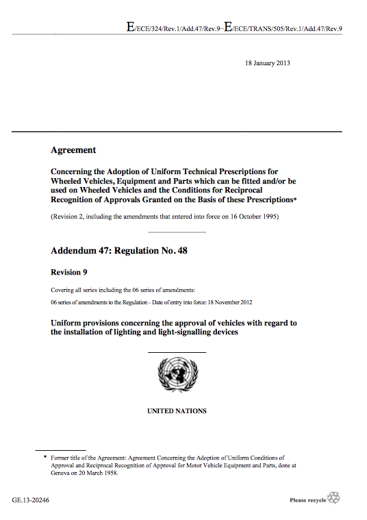 LED's the new HID upgrade? - Page 1 - General Gassing - PistonHeads - The image depicts a formal document with text. It has a header with a document number and title, followed by a section titled "AGREEMENT" which contains the text of the agreement. There is also a section headed "Revision 9" discussing the inclusion of certain amendments. The bottom of the document features a logo, identifying it as an "UNITED NATIONS" document. Additionally, there is a reference to "Appendix C" and a statement about "Adoption 47: Regulation No. 43" which pertains to technical prescriptions for wheeled vehicles. The style of the image is that of a photographed or scanned document with a clear, black typeface. The text is dense and possibly associated with the automotive industry due to reference to regulation numbers.