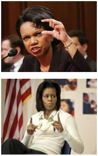 Atrios - This image is a composite of two photos featuring the same woman. In the top photo, the woman speaks at a podium behind a microphone, gesturing with her hand. She is wearing a dress and has short hair. In the bottom photo, the same woman is in a more casual pose, seated in a chair with her legs crossed. She is wearing a white sweater with a gold necklace and is pointing her finger. In the background, there is imagery of flags and what seems to be a wall with various posters.