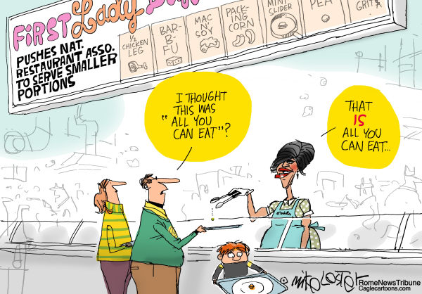 The image is a cartoon illustrating a satirical scene at a fast food restaurant. A customer is declaring, "I thought this would be all you caaan eat?!" In response, the server is held back by a responsive person, who is presenting a large, colorful breakfast plate, focusing on the fact this is a "First Lady Breakfast." Another person, who appears to be in the background, is objecting with the text bubble "That is all you can eat... ?" The image seems to be commenting on consumer expectations versus reality and to be discussing the pricing of meals offered by the restaurant.