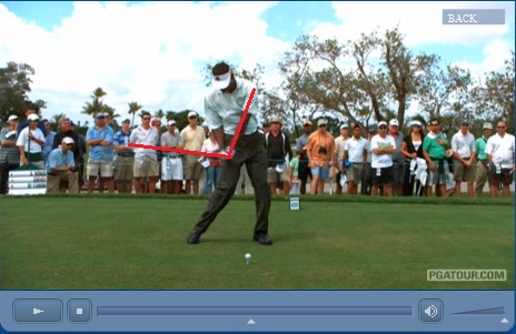 A baseball player swinging a bat at a ball - Pistonheads - In this image, a professional golfer is captured in the midst of a swing on a sunny day. The golfer is in motion, with a red line tracing the trajectory of his swing across the image. He is wearing a white shirt and a black visor, and appears to be focused intently on his shot. Behind him, a crowd of spectators watches the action with interest. The image has a watermark in the bottom left corner that reads "PGATOUR.com", indicating the source of the image.