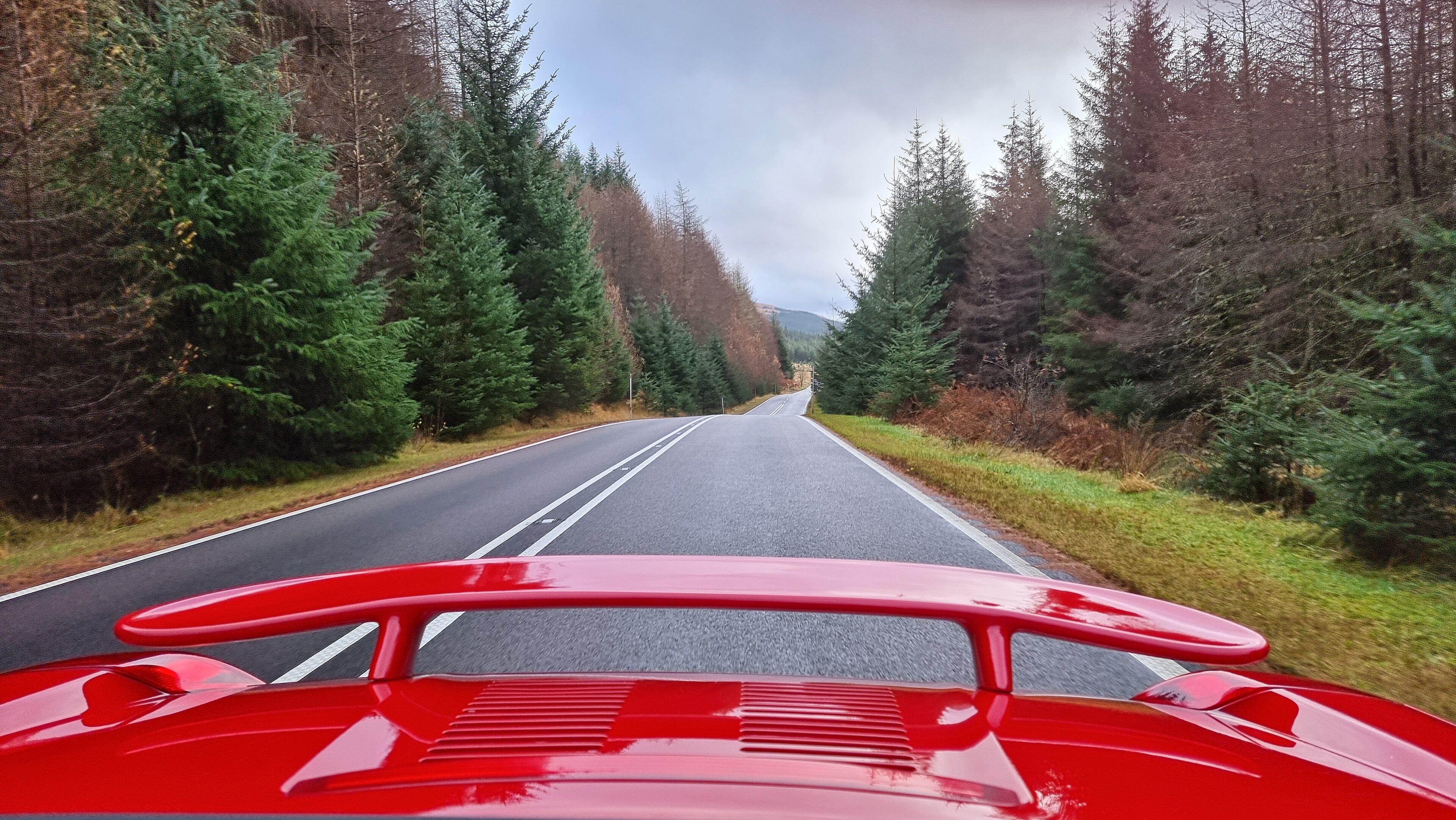 Where have all the MR2s gone? - Page 7 - Toyota - PistonHeads UK - The image showcases a striking red sports car from the back, cruising down an empty road. The car's license plate is visible, adding to its dynamic presence. The surrounding landscape is a mix of lush green trees and clear blue skies, suggesting it might be spring or summer. The car's rear spoiler and rear wing add to its sporty appeal. The driver appears focused on the road ahead.